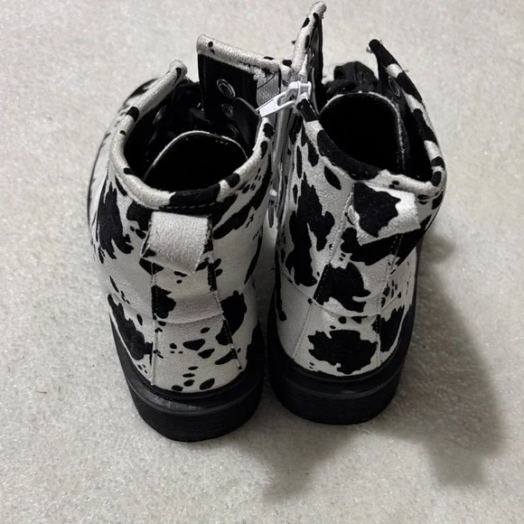 Black and White Cow Print Combat Boots - Picture 3 of 3